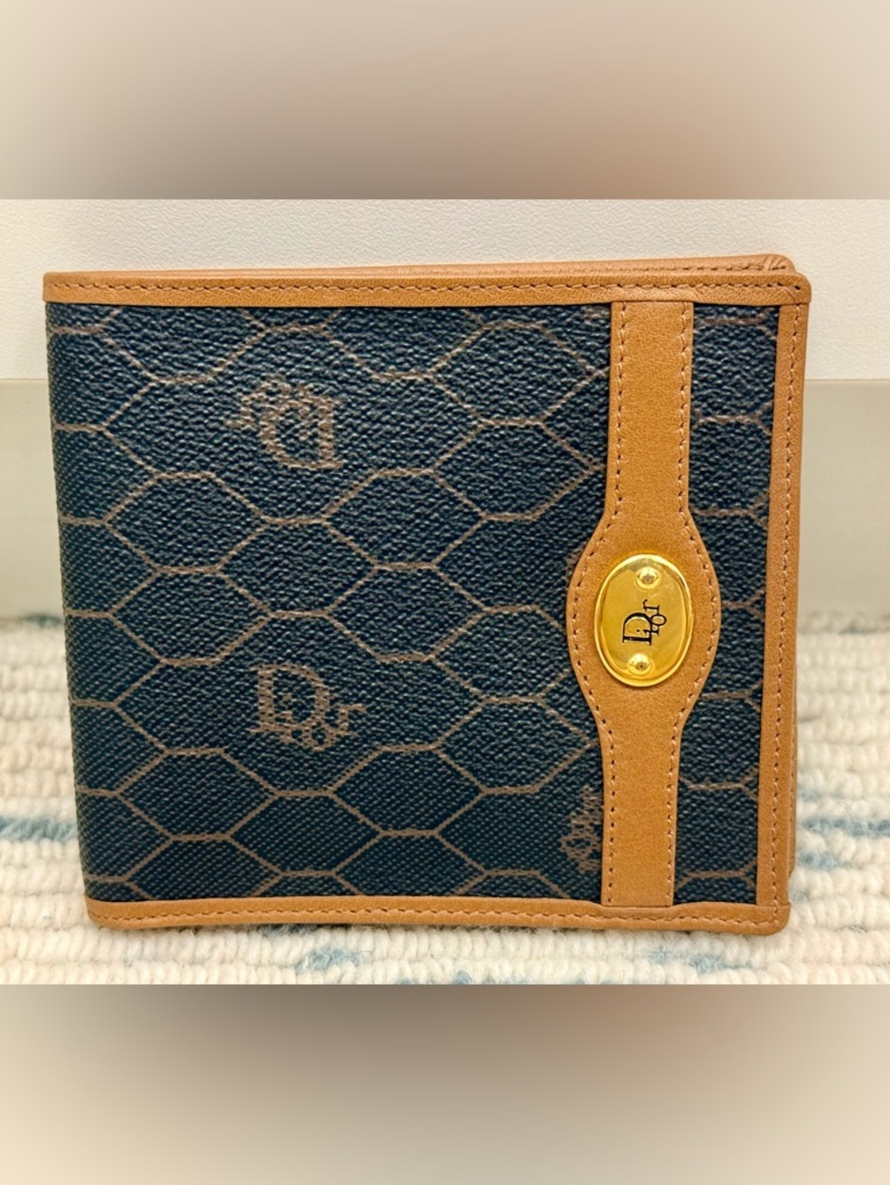 DIOR Vintage Unisex Icon Brown Honeycomb Monogram Canvas Leather Bifold Wallet